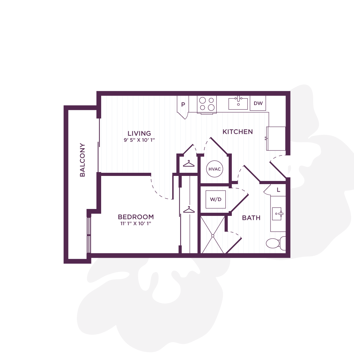 A 3D image of the Studio-S1 floorplan, a 535 squarefoot, 0 bed / 1 bath unit