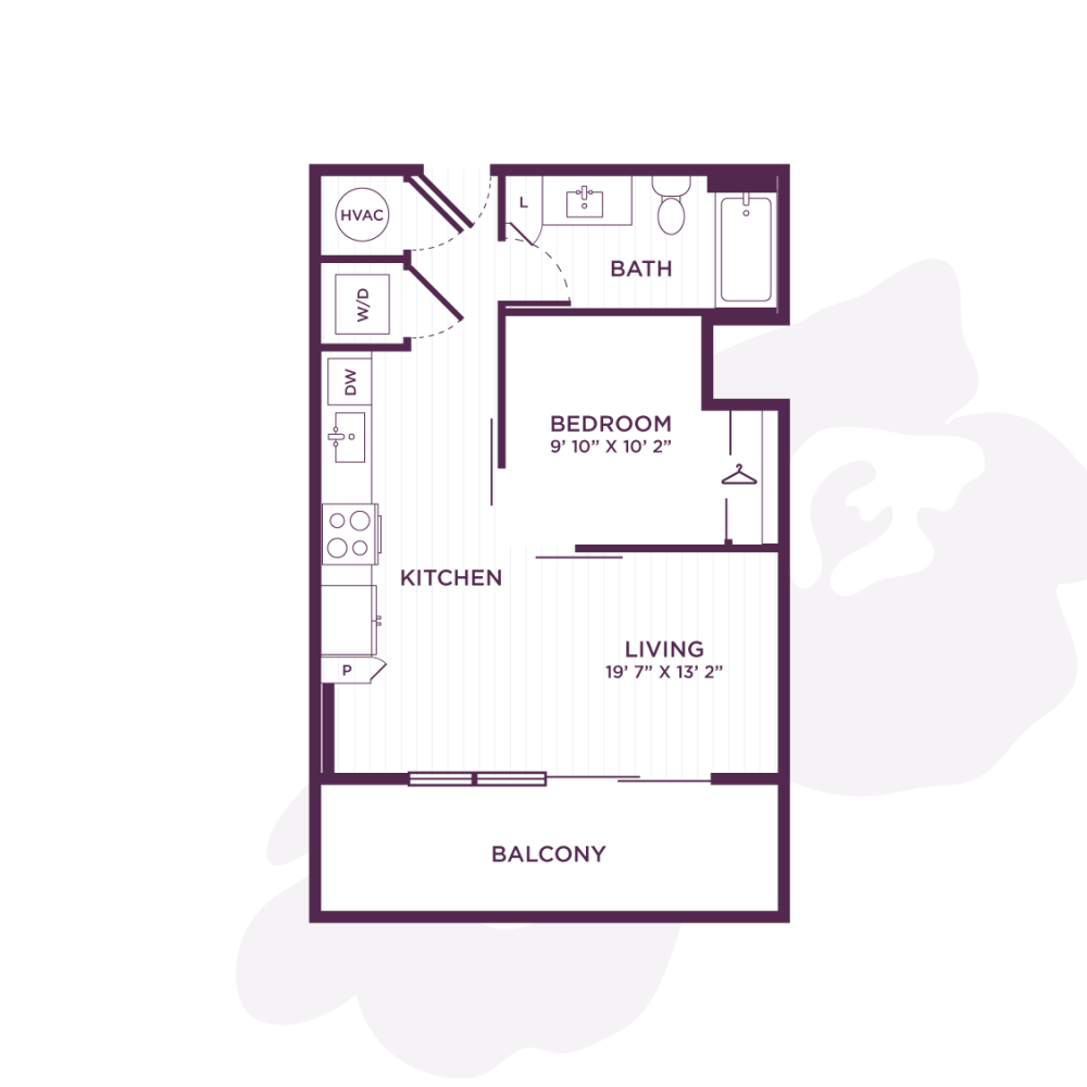 A 3D image of the Studio-S3 floorplan, a 548 squarefoot, 0 bed / 1 bath unit