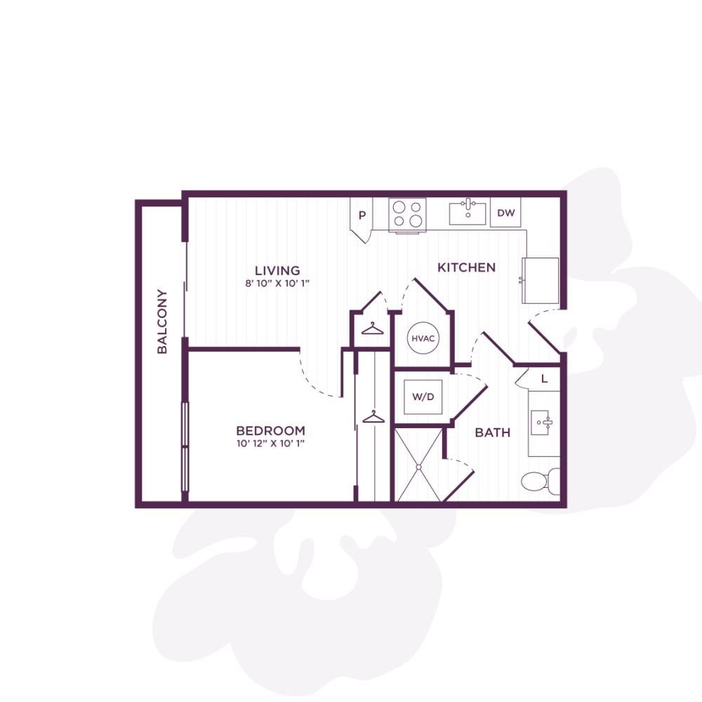 A 3D image of the Studio-S2 floorplan, a 544 squarefoot, 0 bed / 1 bath unit